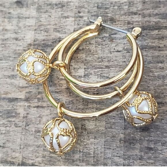 GOLDTONE Leverback Hoop & Caged Beads Earrings - Picture 5 of 5